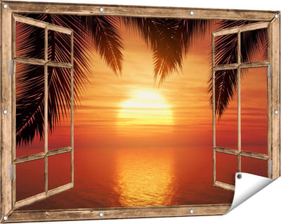 Gards Tuinposter Doorkijk Zonsondergang op het Strand met Palmbomen - 120x80 cm - Tuindoek - Tuindecoratie - Wanddecoratie buiten - Tuinschilderij