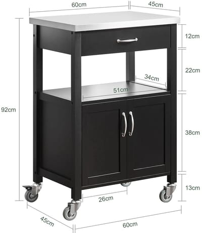 M-Goods - Keukentrolley met Lade & Deuren – Keukenkast op Wielen 60x45x92 cm – RVS Werkblad – Magnetronkast / Keuken Organizer – Zwart