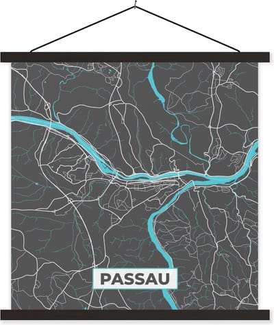 Posterhanger incl. Poster 60x60 cm - Schoolplaat - Kaart – Plattegrond – Stadskaart – Passau – Duitsland – Blauw - Textielposter - Zwarte latten - Stadskaart