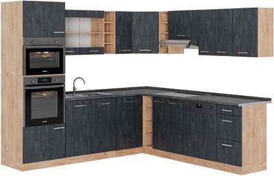 Vicco Hoekkeuken R-Line, Zwart beton/Goudkleurig Eiken, 247 x 237 cm WB Antraciet