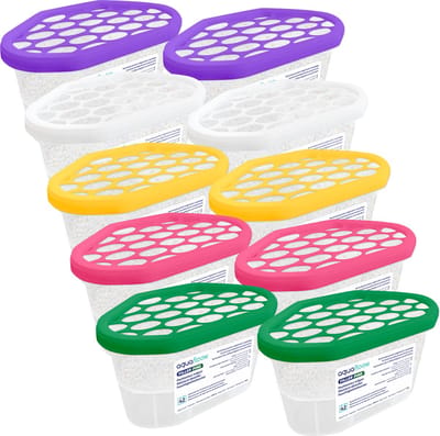 AquaFloow, set 10 vochtabsorbers voor kasten, kleerkasten, keuken, badkamer, luchtontvochtiger, 400 ml, tegen vocht, voor ruimtes tot 9 m², mix van geuren