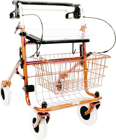 Rollator 43 cm zitbreedte - Premis Provo - Tot 120 kg - In hoogte verstelbaar - Duwstang met beugel-loop-rem onder - Incl mand, stokhouder en dienblad - Metallic Oranje