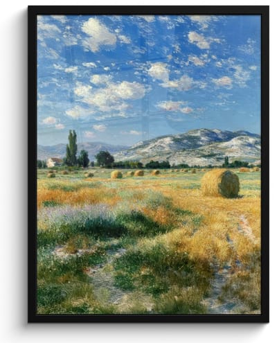 Poster in lijst - Fotolijst 60x80 cm - Posters - Landschap - Strobalen - Bergen - Wolken - Posterlijst zwart - Decoratie - Wanddecoratie woonkamer - Muurdecoratie slaapkamer