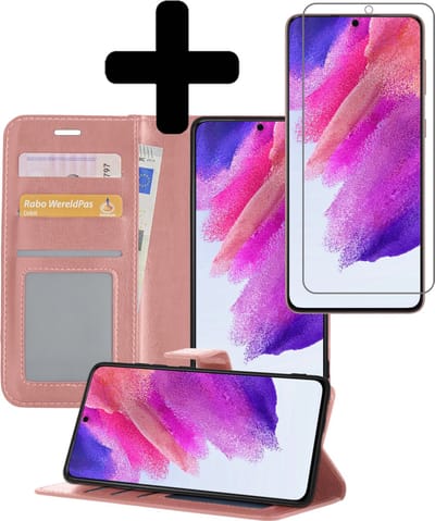 Hoesje - Met Screenprotector - Geschikt voor Samsung Galaxy S21 FE - Luxe Pasjeshouder - Bookcase Portemonee - Flip Case - Kunstleer Book Case - Flipcase - Book Cover - Walletcase - Portemonneehoes - Telefoonhoesjes - Rosé goud