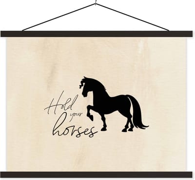 Posterhanger incl. Poster 40x30 cm - Schoolplaat - Quotes - Spreuken - Paarden - Hold your horses - Textielposter - Zwarte latten
