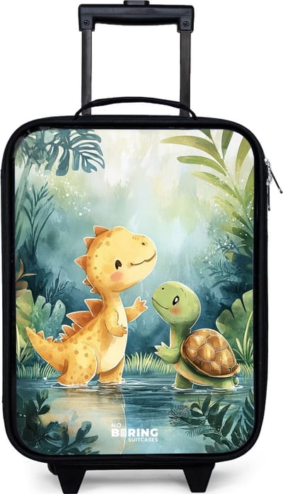 NoBoringSuitcases.com® - Kinderkoffer jongen - Kindertrolley meisje - Dino - Schildpad - Jungle - Koffer kind lichtgewicht - Reiskoffer trolley voor kinderen - Koffertje met lichtgevende wieltjes - Rolkoffer zwart