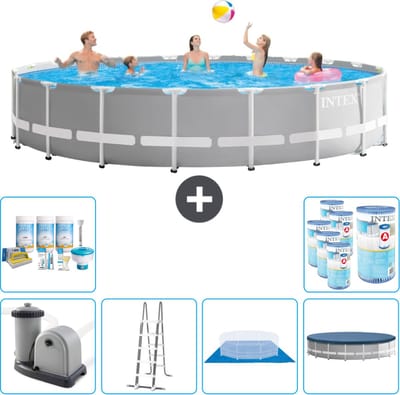 Intex Rond Prism Frame Zwembad - 610 x 132 cm - Grijs - Inclusief Pomp - Ladder - Grondzeil - Afdekzeil Onderhoudspakket - Filters