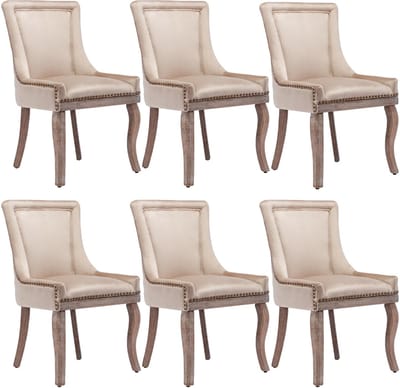 Luxe eetkamerstoel (Keukenstoel woonkamerstoel, 6 stuks), gestoffeerde stoel met nagelkopversiering, massief houten poten, bekleding van fluweel, beige