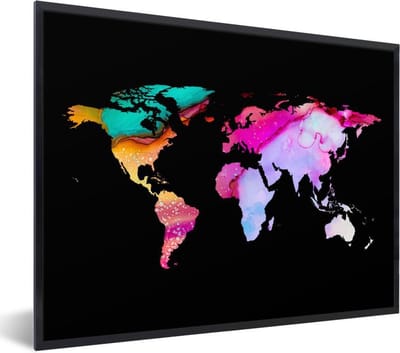 Poster in lijst - Fotolijst 80x60 cm - Posters - Wereldkaart - Regenboog - Zwart - Posterlijst zwart - Decoratie - Wanddecoratie woonkamer - Muurdecoratie slaapkamer