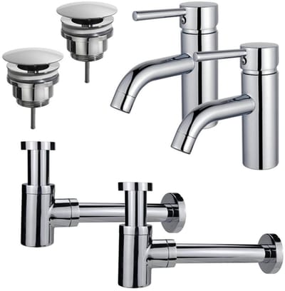 FugaFlow Eccelente Sobrado Badkamer Wastafelkraanset - voor dubbele wastafel - lage wastafelkraan - always open plug - verlaagde design sifon - Chroom