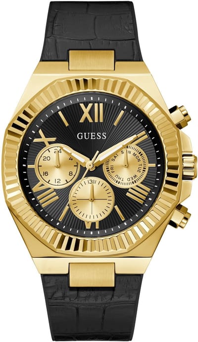 Guess Equity Multifunctioneel Horloge Zwart Kast Gemaakt Van 100% Roestvrij Staal En Een Armband Van 100% Echt Leer En Siliconen 44 GW0791G3, GW0791G4