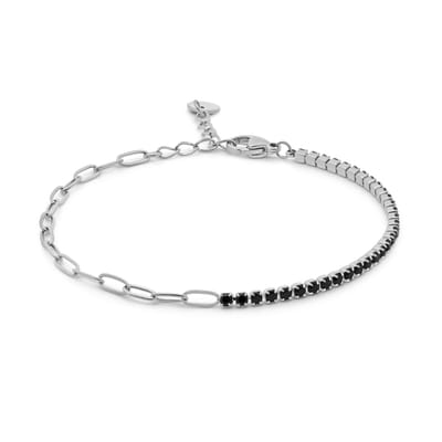 CO88 Collection - 8CB-91362 - grove schakelarmband vrouwen met zwarte zirconia stenen - 2 mm - 16.5+3 cm - zilverkleurig