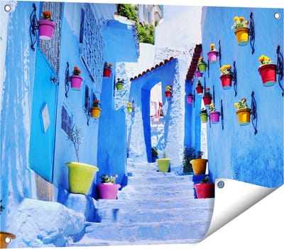 Gards Tuinposter Blauwe Huizen met Bloempotten in Chefchaouen, Marokko - 80x60 cm - Tuindoek - Tuindecoratie - Wanddecoratie buiten - Tuinschilderij
