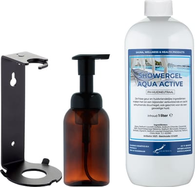 Zeepdispenser 300 ml amber bruin hervulbaar + 1 liter Showergel Aqua Active navulling (inclusief beugel)