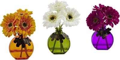 Set van 3 Bijna Natuurlijke Gerber Madeliefjes met Gekleurde Vazen
