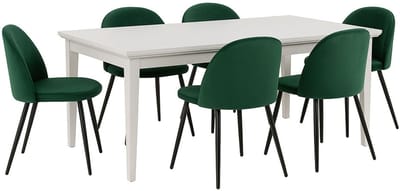 Venedig eethoek eettafel wit 95x180/276 met 2 stuks extra plaat 6 stoelen velours groen.