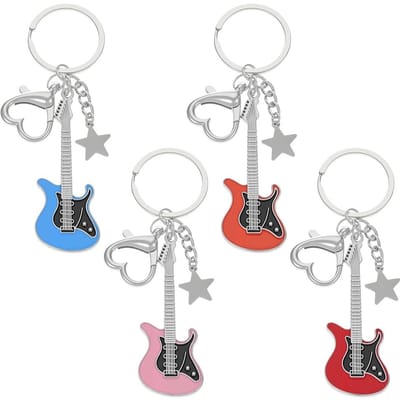Gitaarsleutelhanger Set van 4 - Punk/Rock Thema - Stervormige Hangers - Duurzaam - 6 x 2 cm - Robuuste Legering - Sleutelhanger