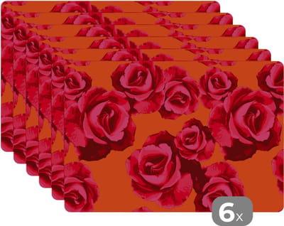 Placemat - Placemats kunststof - Rozen - Oranje - Patroon - 45x30 cm - 6 stuks - Hittebestendig - Anti-Slip - Onderlegger - Afneembaar