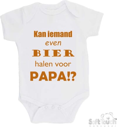 100% katoenen Romper "Kan iemand even bier halen voor papa!?" Vader Vaderdag Papa Unisex Katoen Wit/tan Maat 62/68
