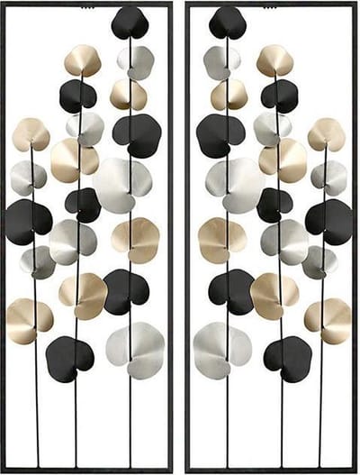 Tweeluik muurdecoratie gold black zilver set van 2 per stuk 84x30x4 metaal schilderij wanddecoratie bladeren