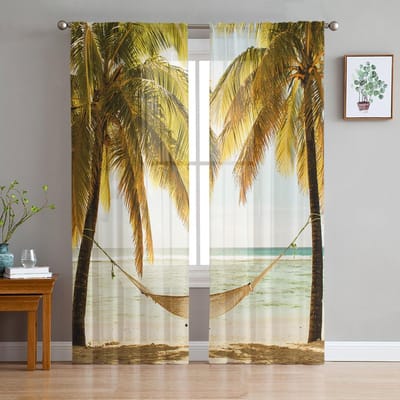 Zonsondergang Strand Palmboom Transparante Gordijnen voor Woonkamer Decoratie Raamgordijnen voor Keuken Tule Voile Organza Gordijnen W135 x H115cm x1 brown