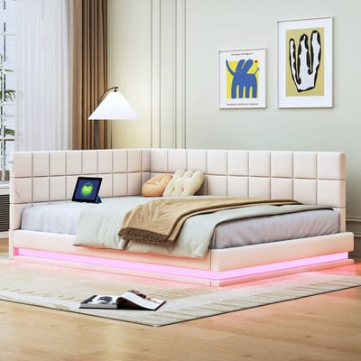 STILVORA Slaapbank 140x200 cm - Tweepersoonsbed Met Lattenbodem En USB Aansluiting - Fluweel - Beige