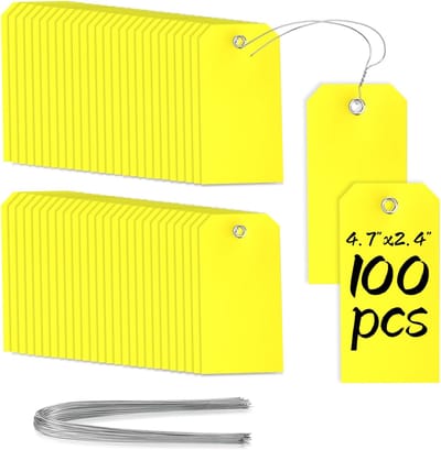 100 gele vrachtlabels - Markering van magazijn- en logistieke activa - 4,3/4" x 2,3/8" waterdichte plastic labels - Beveiligd met draad