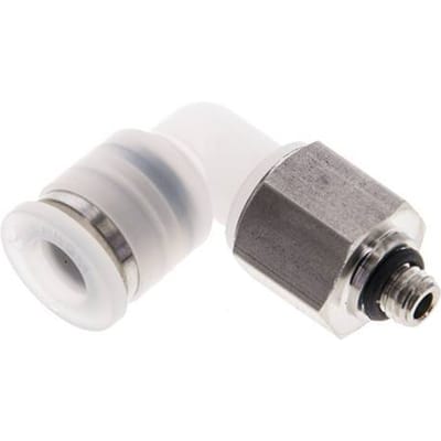 6mm x M 5 90 graden L-verbinding PA/RVS Insteekfitting Buitendraad Draaibaar EPDM