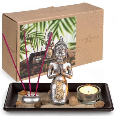 Dailygoods- Meditatieset - Boeddhafiguur - Glazen Theelichthouder - Wierookstokjes - Decoratieve Stenen - Zwart Houten Dienblad - Spirituele Decoratie