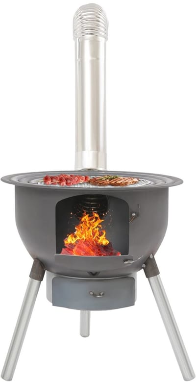 Velmio Houtkachel - Multifunctioneel - Tuinhaard - Cadac - Grill kachel - 29,5 cm - Met Pijp - Voor Binnen & Buiten - Grijs