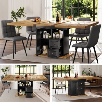 REDOM Eettafel uitschuifbaar 110–140x80x75 cm van MDF en metaal, naturel houtnerf, met opbergruimte
