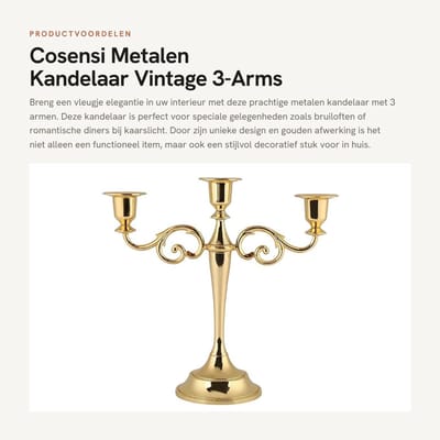Dailygoods- Kandelaar 3-arm - Metalen Kandelaar - Vintage Kandelaar - Bruiloft Kandelaar - Woondecoratie - Hoogte 25cm - Kaarsenhouder