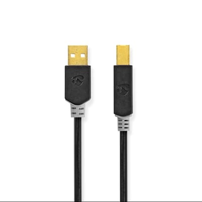 Nedis USB-Kabel - USB 2.0 - USB-A Male - USB-B Male - 480 Mbps - Verguld - 2.00 m - Rond - PVC - Antraciet - Doos