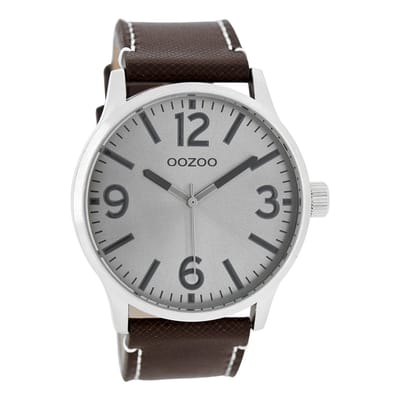 OOZOO Timepieces - Zilverkleurige horloge met donker bruine leren band - C7407