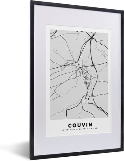 Fotolijst incl. Poster Zwart Wit- Stadskaart – Zwart Wit - Kaart – Couvin – België – Plattegrond - 40x60 cm - Posterlijst