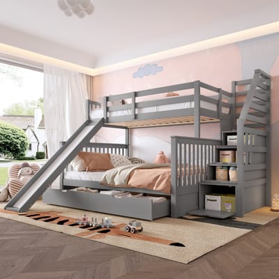 Stapelbed - 90x200 en 140x200 cm - Multifunctioneel Bed - Glijbaan, Lades en Opslag - Grijs