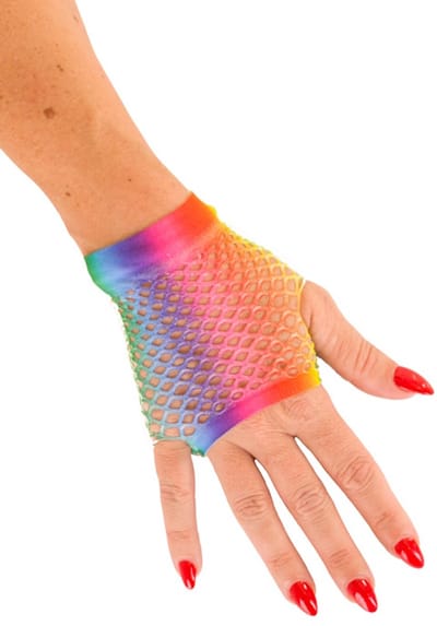 1x Paar Nethandschoen kort vingerloos Regenboog - Carnaval Feest Verkleden Party Fluor Kleur