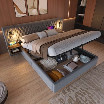 Sweiko Tweepersoonsbed - 180×200 cm - 2 nachtkastjes - Opslagruimte - USB-oplaadfunctie - Leeslampjes - Velvet - Grijs