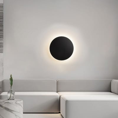 Oneay Zwarte wandlamp voor binnen – ronde LED wandverlichting – bedrade cement wandlamp met minimalistisch plat design – moderne wandlamp voor hal, slaapkamer en woonkamer – 17W 3000K warm wit