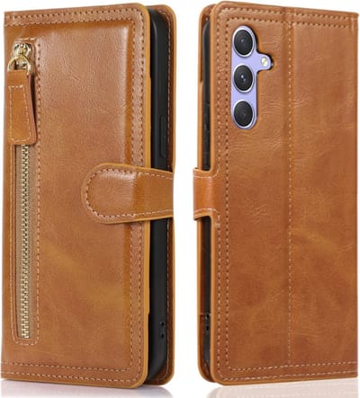 Bookcase Geschikt voor: Samsung Galaxy A25 met ritssluiting - Hoesje Flipcover - Magnetisch - 5 kaarten houder - Lichtbruin