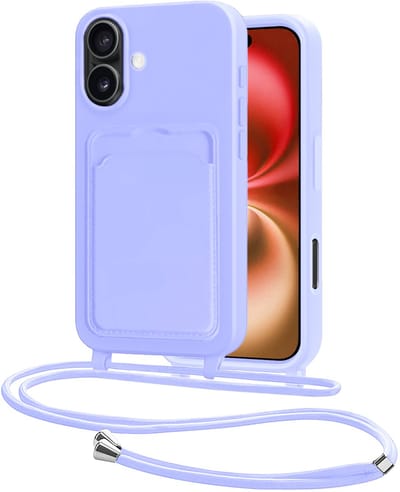 Hoes Geschikt voor iPhone 16 Plus Hoesje Pasjeshouder Cover Met Koord Case Siliconen Hoes Met Telefoonkoord en Kaarthouder - Lila