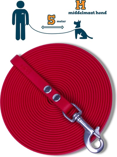 Miqdi BioThane® Sleeplijn 5 meter – zonder handvat – M (13 mm) – rood – waterdicht & sterk