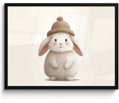 Poster in lijst - Fotolijst 80x60 cm - Posters - Konijn - Muts - Oren - Beige - Posterlijst zwart - Decoratie - Wanddecoratie woonkamer - Muurdecoratie slaapkamer