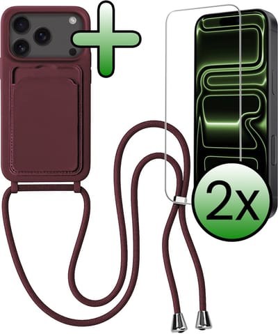 Hoes Geschikt voor iPhone 17 Pro Hoesje Pas Houder Case Hoes Met Koord Met 2x Screenprotector - Hoesje Geschikt voor iPhone 17 Pro Hoes Met Telefoonkoord Pasjeshouder Cover - Aubergine