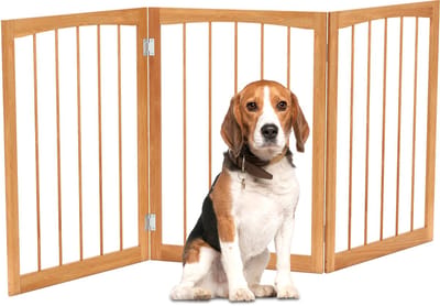 COSTWAY Afsluitrooster voor honden, 3-delig, beschermingsrooster, hout, traphek, 76 cm hoog, hondenafsluitrooster, inklapbaar, hondenhek, deurbeschermingsrooster, vrijstaand, dennenhout, voor keuken