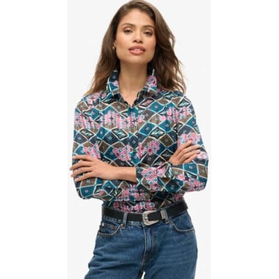 Superdry Doorschijnende Blouse met Glitterprint Blauw Grootte: 44