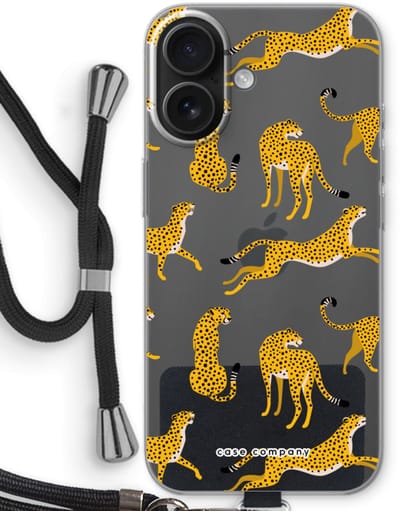Case Company® - Hoesje met koord geschikt voor iPhone 16 hoesje met Koord - Luipaard - Telefoonhoesje met Zwart Koord - Bescherming aan alle Kanten en Over de Schermrand