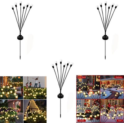 3-Stuks Solar Garden Firefly Lights - 6 lampen - Waterdichte decoratieve tuinverlichting - Sfeerverlichting - Geschikt voor het creëren van een binnenplaatssfeer, terrasdecoratie, padverlichting 's nachts, gazonverlichting en kerstversiering - Zwart
