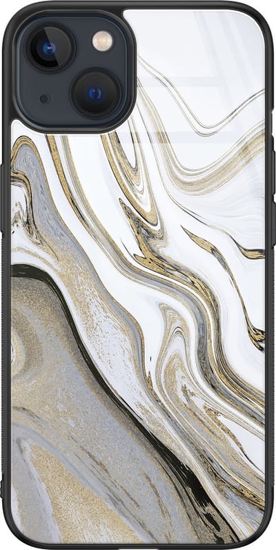 Hoesje geschikt voor iPhone 13 - Marmer wit goud - Luxe Glazen Hardcase - Hippe print - Grijs - Leuke Telefoonhoesjes