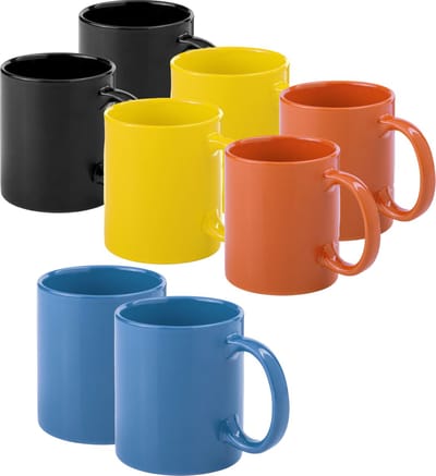 Bellatio Design Koffie mokken/drinkbekers Auxerre - 8x - keramiek - geel/oranje/blauw/zwart - 370 ml